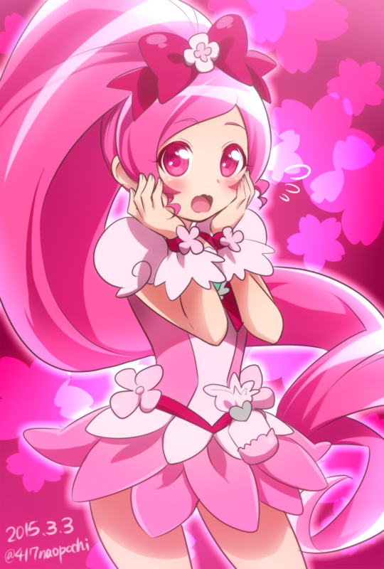 0417nao, 10s, 1girl, 2015, :o, blush, bow, cure_blossom