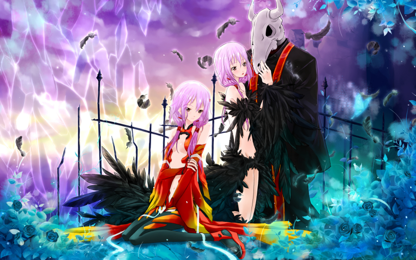 10s, 1boy, 1girl, alternate_costume, bare_shoulders, black_thighhighs, breasts, center_opening