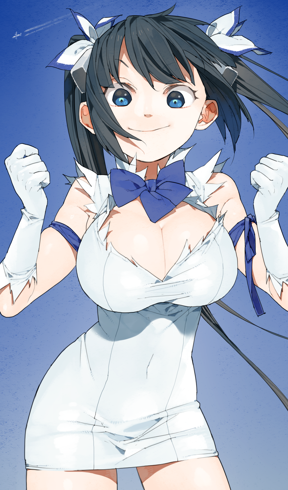 10s, 1girl, aircraft, airplane, black_hair, blue_background, blue_bow, blue_bowtie, blue_eyes, bow, bowtie, breasts, cleavage, clenched_hands, covered_navel, cowboy_shot, day, dungeon_ni_deai_wo_motomeru_no_wa_machigatteiru_darou_ka, female_focus, gloves, hair_ribbon, hana_(dqkmb362), hestia_(danmachi), highres, large_breasts, long_hair, looking_at_viewer, narrow_waist, outdoors, raised_eyebrows, rei_no_himo, ribbon, skin_tight, smile, solo, standing, twintails, very_long_hair, white_gloves, wide_hips
