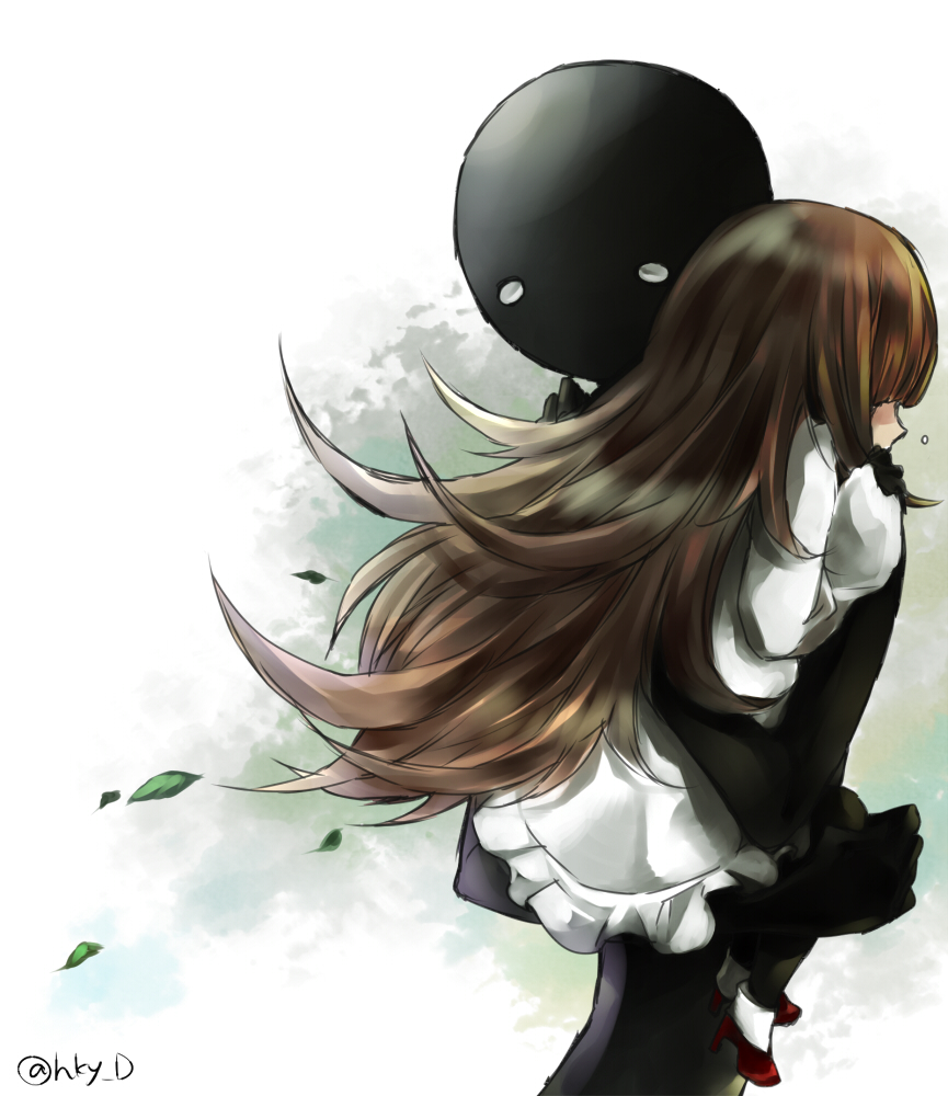 1girl, bad_id, bad_pixiv_id, boots, brown_hair, carrying, clinging, deemo