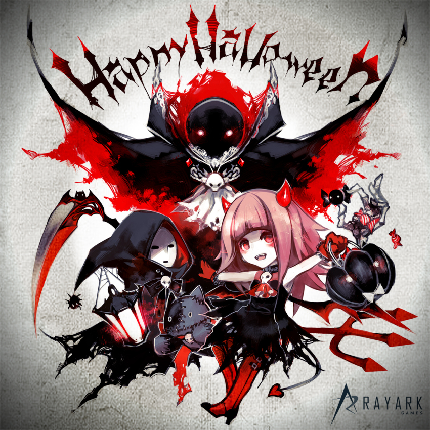 2girls, deemo, deemo_(character), demon_horns, demon_tail, devil_costume, alice_(deemo), halloween, hood, horns, masked_lady_(deemo), multiple_girls, outstretched_arms, red_eyes, scythe, siyouko, spread_arms, tail