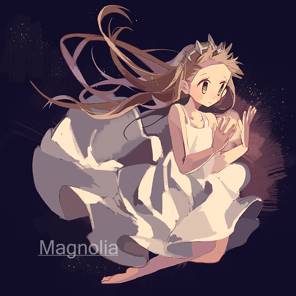 1girl, alice_(deemo), barefoot, deemo, dress, female_focus, fish_(13015), floating, looking_away, magnolia_(deemo), solo, song_name