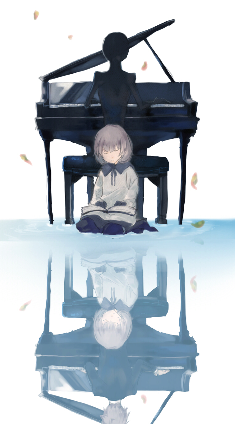 1boy, 1girl, alice_(deemo), avvo_(ekireikirei), book, brown_hair, deemo, deemo_(character), different_reflection, highres, instrument, open_book, pantyhose, petals, piano, reading, reflected_worlds, reflection, short_hair, sitting, spoilers, water