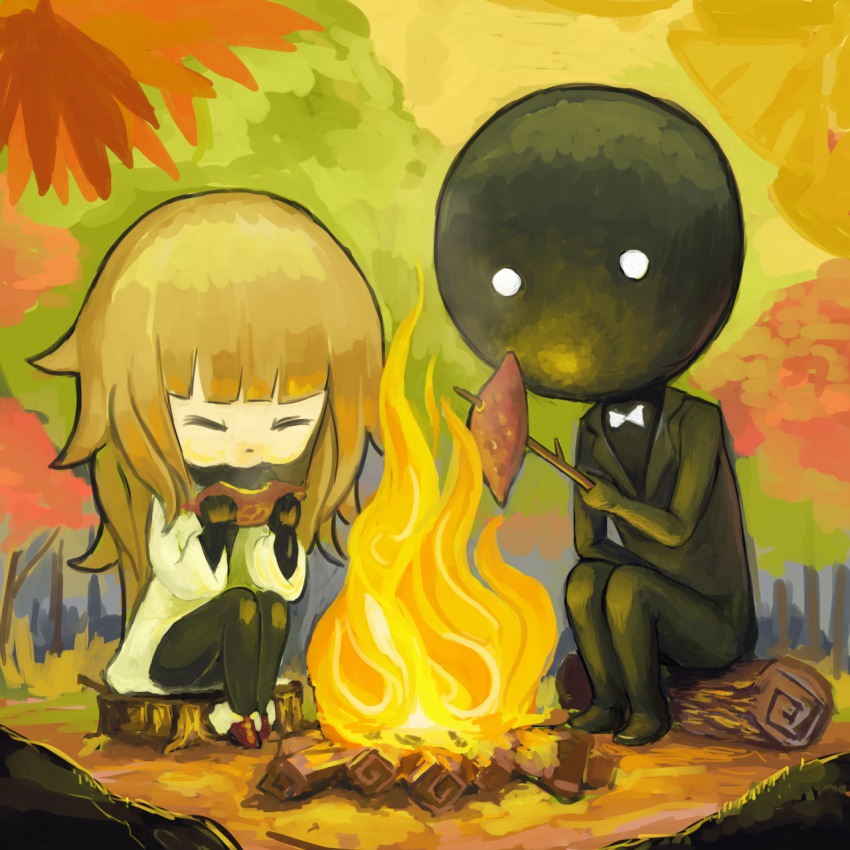 1girl, ^_^, bald, bonfire, brown_hair, closed_eyes, deemo, deemo_(character), eating, fire, food, forest, alice_(deemo), happy, highres, long_hair, maxcaffy, nature, outdoors, pantyhose, sitting, stick, sweet_potato, tree, tree_stump