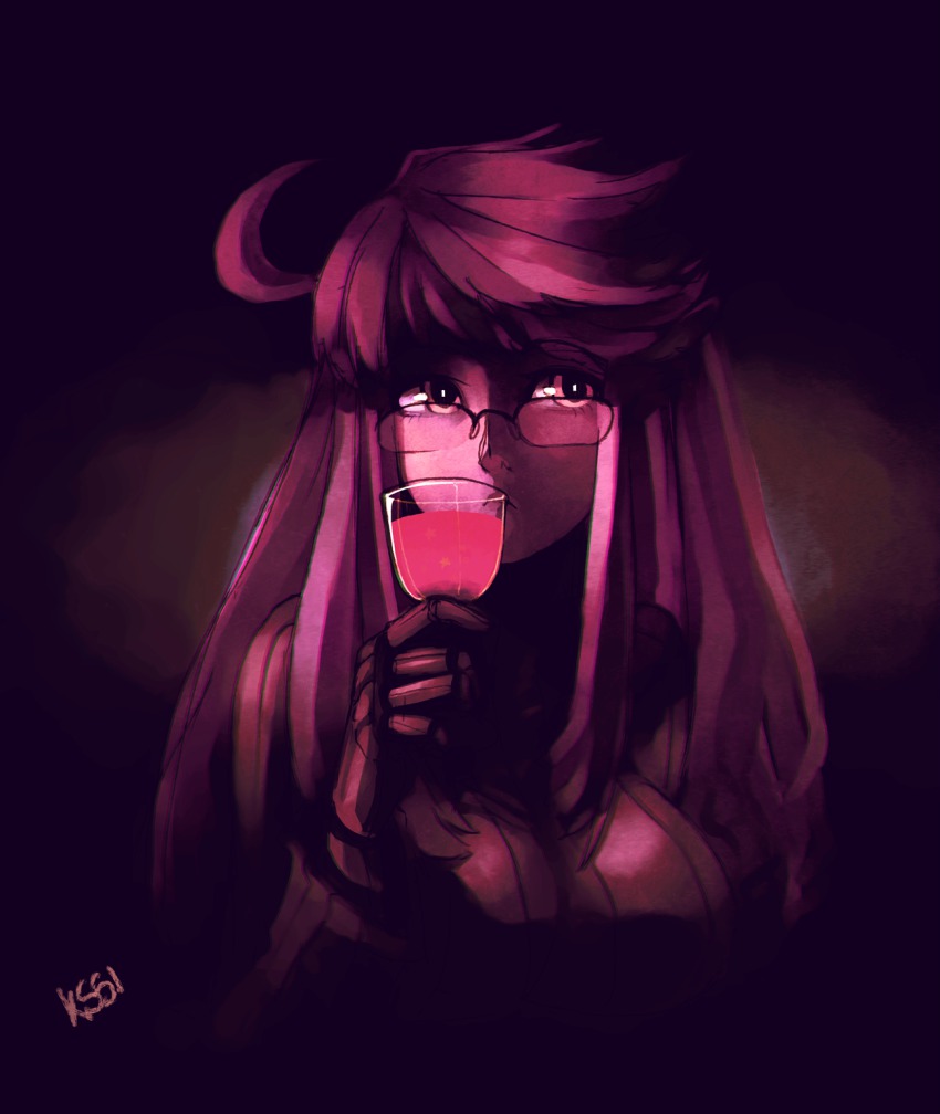 1girl, ahoge, alcohol, alma_armas, bad_id, bad_pixiv_id, breasts, cup, drink, drinking_glass, eyelashes, female_focus, glass, glasses, gloves, highres, kiririn51, long_hair, looking_away, medium_breasts, red_theme, shaded_face, signature, solo, star_(symbol), sweater, upper_body, va-11_hall-a, wine, wine_glass