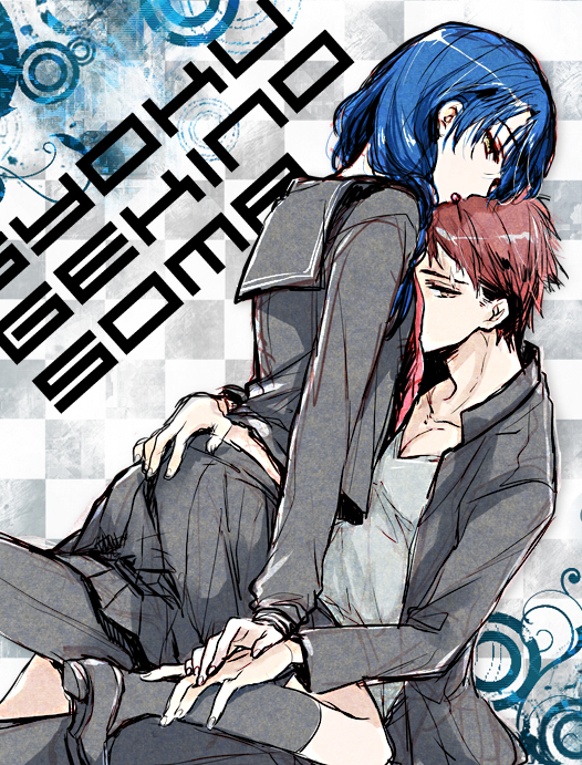 10s, 1boy, 1girl, ass, ass_grab, black_hair, braid, holding_hands, hetero, hug, monochrome, red_hair, scar, school_uniform, serafuku, shokugeki_no_souma, suzushiro_(szsr), tadokoro_megumi, twin_braids, yukihira_souma