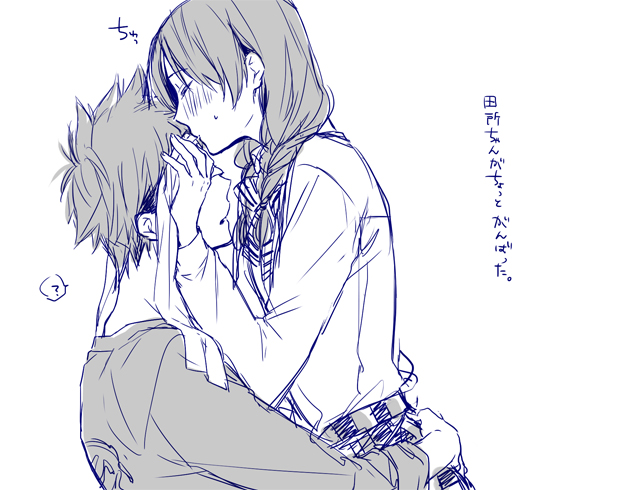 10s, 1boy, 1girl, bandana, blush, braid, kissing_forehead, girl_on_top, hetero, hug, kiss, monochrome, school_uniform, shokugeki_no_souma, suzushiro_(szsr), tadokoro_megumi, twin_braids, yukihira_souma