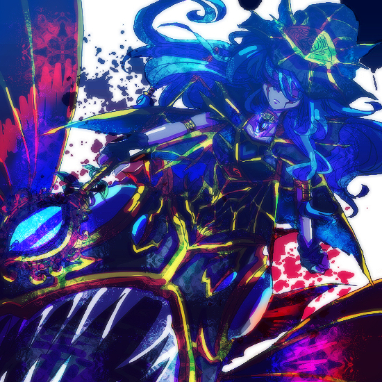 1girl, ariel_(yu-gi-oh!), armband, black_dress, blue_hair, choker, covered_eyes, dress, duel_monster, evigishki_mind_augus, evigishki_mind_augus_(ritual_monster), facial_mark, fish, gishki_ariel, hat, long_hair, looking_at_viewer, monster_girl, owannu, sharp_teeth, staff, teeth, witch_hat, yu-gi-oh!