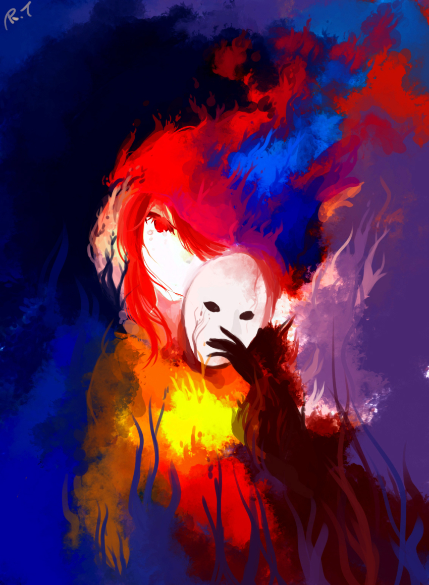 1girl, abstract, colorful, deemo, female_focus, highres, looking_at_viewer, mask