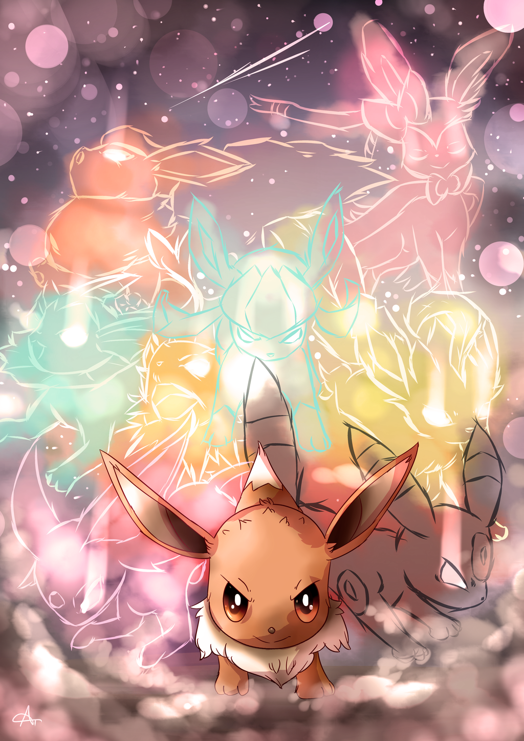 autobottesla, bow, brown_eyes, eevee, espeon, flareon, full_body, gen_1_pokemon, gen_2_pokemon, gen_4_pokemon, gen_6_pokemon, glaceon, glowing, glowing_eyes, highres, jolteon, leafeon, light_particles, looking_at_viewer, nintendo, no_humans, pokemon, pokemon_(creature), serious, signature, smile, standing, sylveon, umbreon, vaporeon