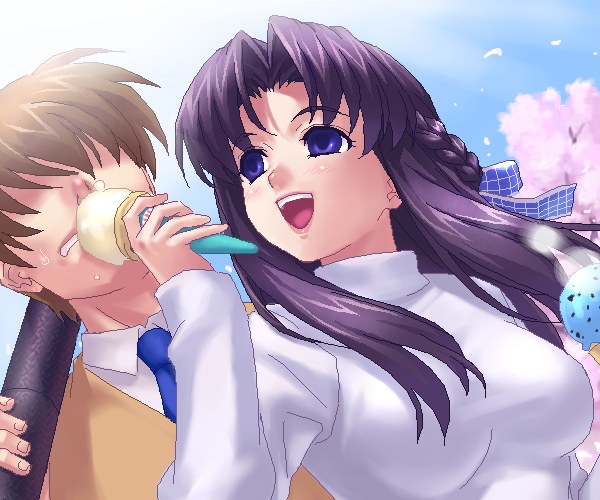 00s, 1boy, 1girl, blue_necktie, blue_sky, breasts, brown_hair, cherry_blossoms