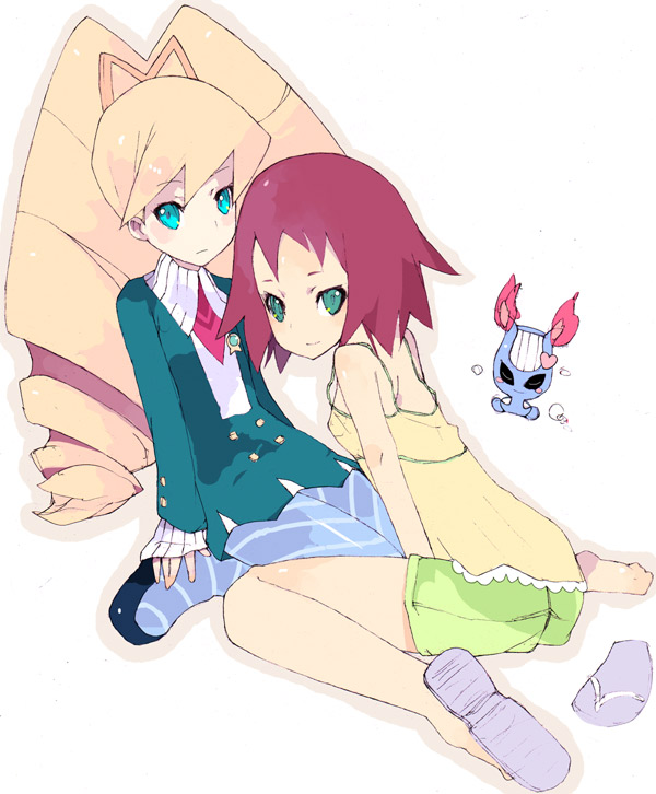 00s, 2girls, aqua_eyes, big_hair, blonde_hair, blush, brws, camisole, capcom, drill_hair, flat_chest, green_eyes, kneeling, leaning_forward, long_hair, looking_back, luna_platz_(mega_man), lyra_(mega_man), mega_man_(series), mega_man_star_force_(series), multiple_girls, no_bra, pantyhose, purple_hair, red_hair, sandals, see-through_clothes, shoes, short_hair, single_shoe, sitting, smile, sonia_strumm_(mega_man), striped_legwear, thighhighs, twin_drills, twintails