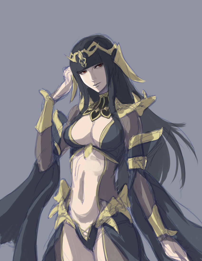 1girl, absurdres, adapted_costume, black_hair, blunt_bangs, breasts, center_opening, cleavage