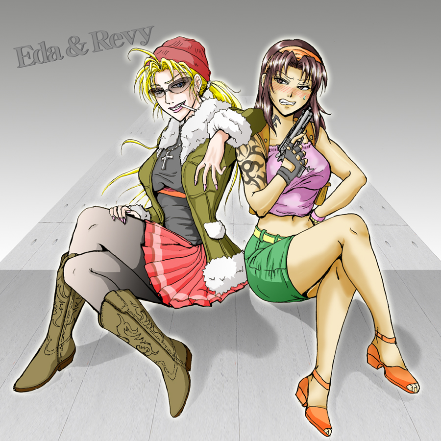 1girl, 2girls, black_lagoon, blonde_hair, blue_eyes, blush, boots, breasts