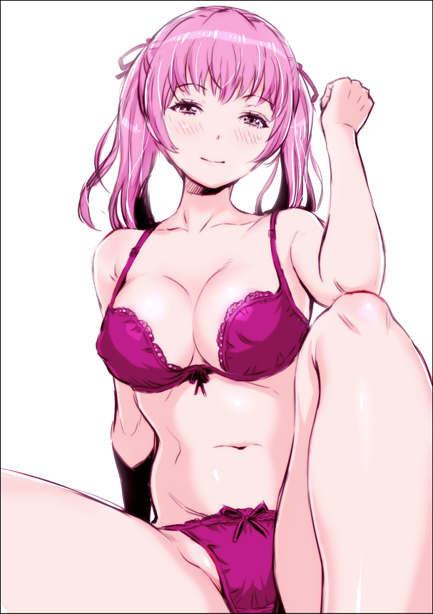 1girl, bare_shoulders, blush, bra, breasts, cherry_teacher_sakura_naoki, collarbone, female_focus, hair_ribbon, looking_at_viewer, navel, original, panties, pink_eyes, pink_hair, ribbon, sitting, smile, solo, tachibana_kazumi, twintails, underwear, underwear_only, white_background