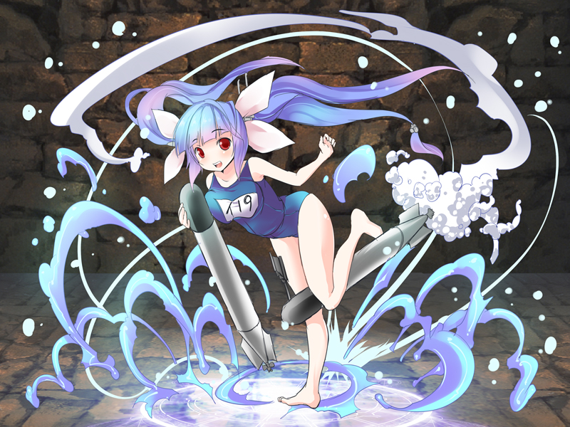 1girl, blue_hair, breast_press, breasts, female_focus, gungho_online_entertainment, hair_ribbon, i-19_(kancolle)