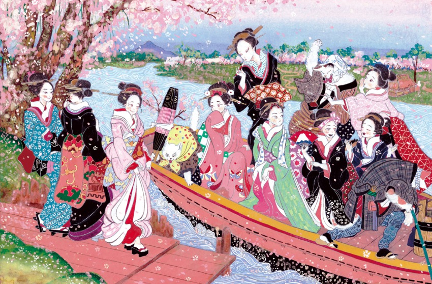 3boys, 6+girls, black_hair, blush, boat, cat, cherry_blossoms, clothes_lift