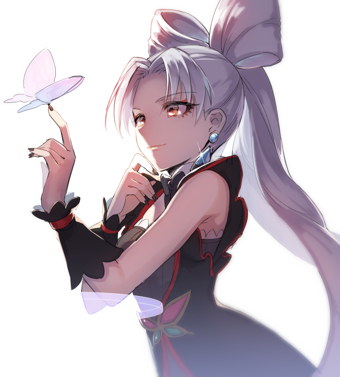 1girl, akagi_towa, black_nails, bug, butterfly, butterfly_on_hand, dress, earrings