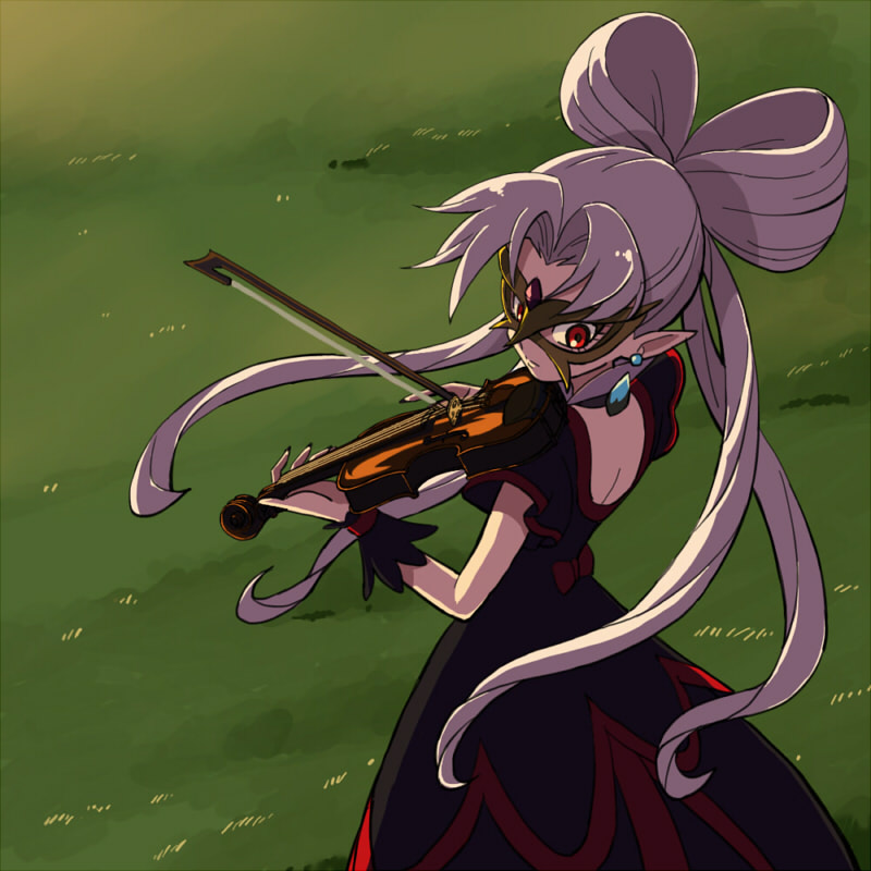 1girl, akagi_towa, albino, black_dress, bow, dress, earrings, expressionless, female_focus, go!_princess_precure, grass, grey_hair, instrument, jewelry, long_hair, mask, nail_polish, pointy_ears, precure, quad_tails, red_bow, red_eyes, shuuho_(journey), solo, twilight_(precure), violin, wrist_cuffs