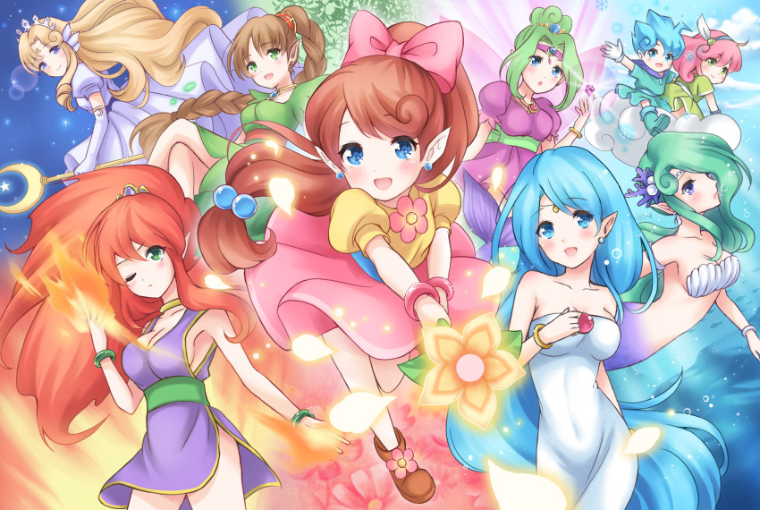 6+girls, aqua_skirt, bare_shoulders, bikini, blonde_hair, blue_eyes, blue_hair, bow, braid, brown_hair, circlet, cloud, crescent, crescent_facial_mark, curly_hair, dress, earrings, elias_(panel_de_pon), facial_mark, fire, flare_(panel_de_pon), green_eyes, green_hair, green_skirt, hair_bow, hair_bun, hairband, high_ponytail, highres, jewelry, lip_(panel_de_pon), long_hair, low-tied_long_hair, mermaid, monster_girl, multiple_girls, nanairo_fuuka, neris_(panel_de_pon), one_eye_closed, panel_de_pon, pink_bow, pink_hair, pink_skirt, pointy_ears, ponytail, purple_skirt, red_hair, ruby_(panel_de_pon), seren_(panel_de_pon), shell, shell_bikini, sherbet_(panel_de_pon), shoes, short_hair, single_hair_bun, skirt, smile, strapless, strapless_dress, teana_(panel_de_pon), wand, white_dress, windy_(panel_de_pon), wings