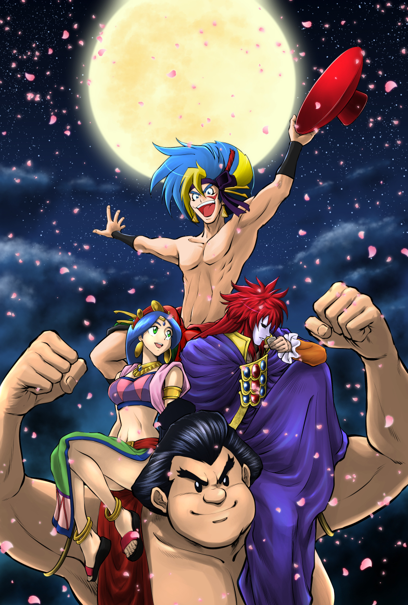 1girl, 3boys, :d, anklet, blonde_hair, blue_hair, cape, cherry_blossoms, cloud, danjirou_kabuki, earrings, facial_mark, full_moon, green_eyes, jewelry, kabuki_danjirou, long_hair, messy_hair, midriff, moon, multicolored_hair, multiple_boys, muscular, okuni_(tengai_makyou), open_mouth, petals, push_fujiyama, red_hair, saboten7, sakazuki, sandals, topless_male, sitting, size_difference, smile, tattoo, tengai_makyou, two-tone_hair, zeami_(tengai_makyou)