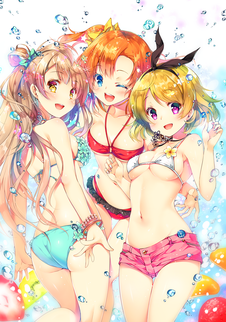 10s, 3girls, :d, ;d, anchor_symbol, arm_around_another's_waist, ass, back