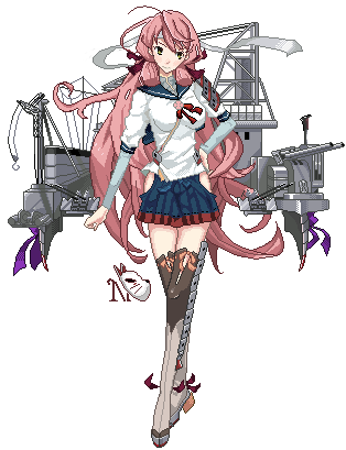 10s, 1girl, akashi_(kancolle), bandana, clothing_cutout, dam-yeou, dame_shoal, female_focus, green_eyes, hair_ribbon, hip_vent, kantai_collection, long_hair, lowres, pink_hair, pixel_art, ribbon, school_uniform, serafuku, side_slit, skirt, smile, solo, thighhighs, transparent_background, tress_ribbon, twintails
