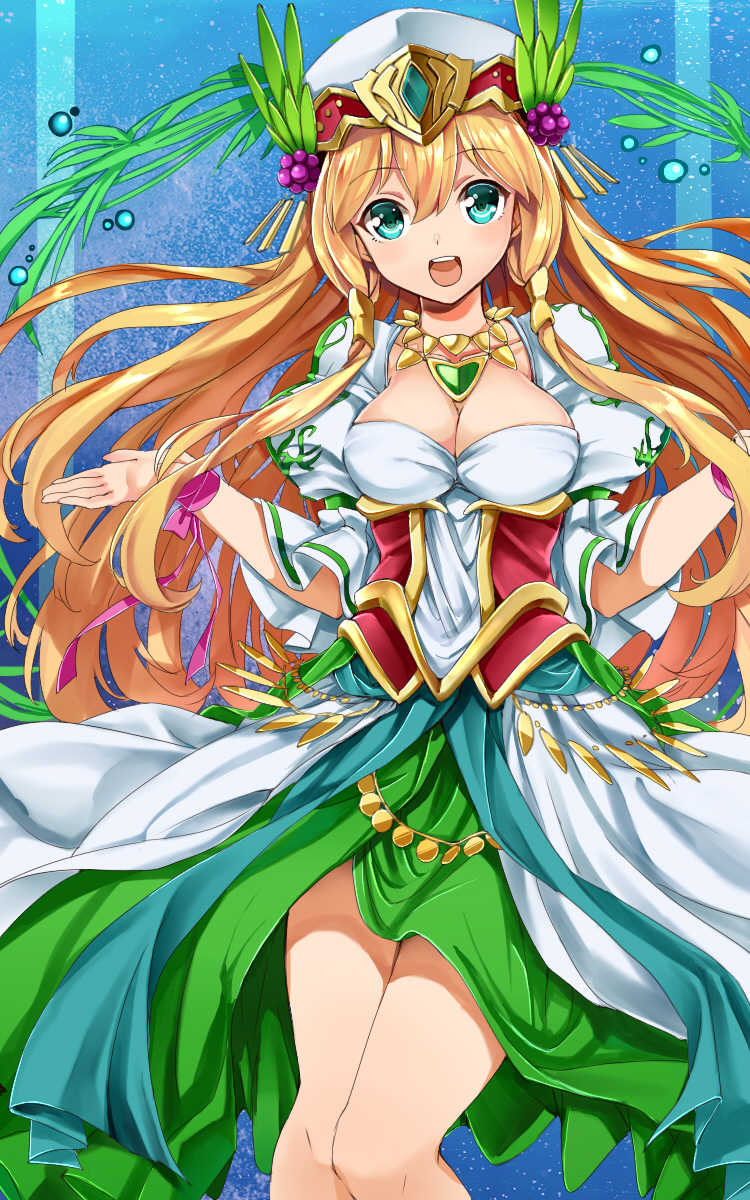 1girl, :d, bad_id, bad_pixiv_id, blonde_hair, blue_eyes, breasts, cleavage