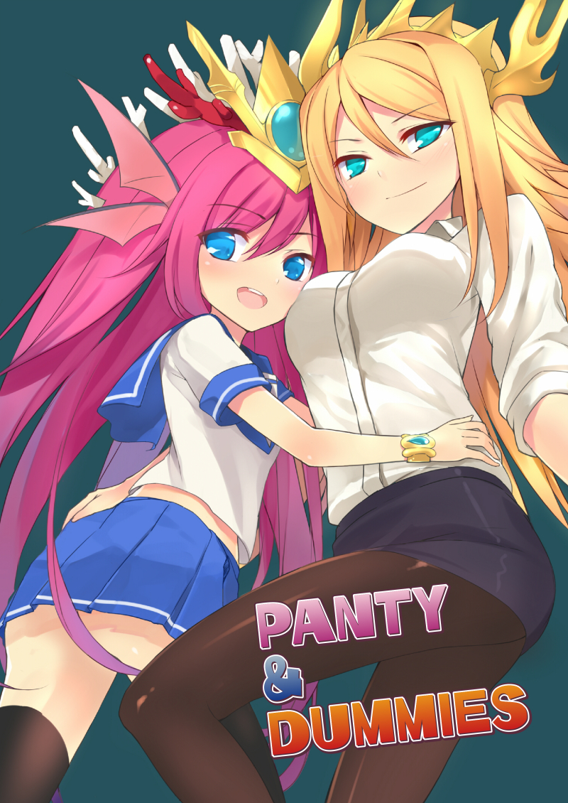 2girls, black_legwear, blonde_hair, blue_eyes, blue_skirt, blush, bracelet, collared_shirt