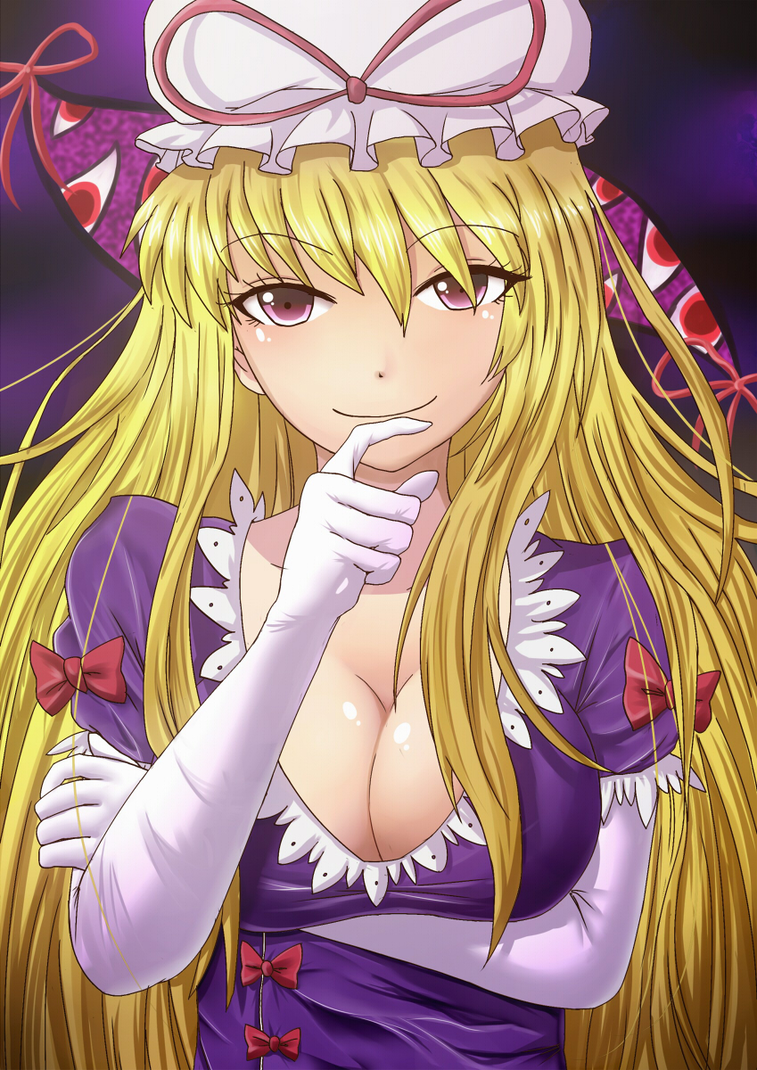 1girl, blonde_hair, bow, breasts, cleavage, female_focus, gap_(touhou), hair_ribbon