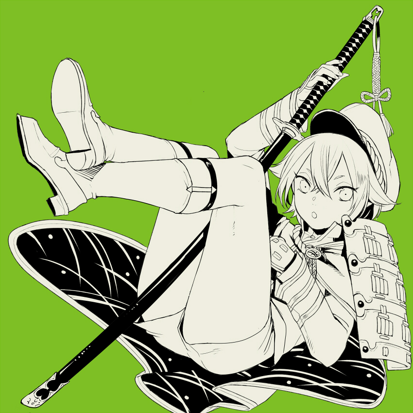 10s, 1boy, :o, armor, bad_id, bad_pixiv_id, cape, full_body, green_background, hair_flaps, hat, hotarumaru, hs2, japanese_armor, legs, legwear_garter, male_focus, monochrome, ootachi, sheath, sheathed, shoes, short_hair, shorts, shoulder_armor, simple_background, socks, sode, solo, sword, touken_ranbu, weapon