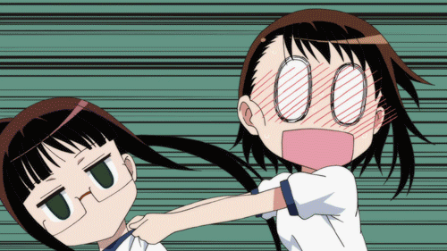 0_0, 10s, 12, 2girls, animated, animated_gif, anime_screenshot, brown_hair, clock, expressionless, glasses, green_eyes, looking_at_viewer, lowres, miyamoto_ruri, motion_lines, multiple_girls, nisekoi, onodera_kosaki, shirt, short_sleeves, sportswear, steam, upper_body, white_shirt