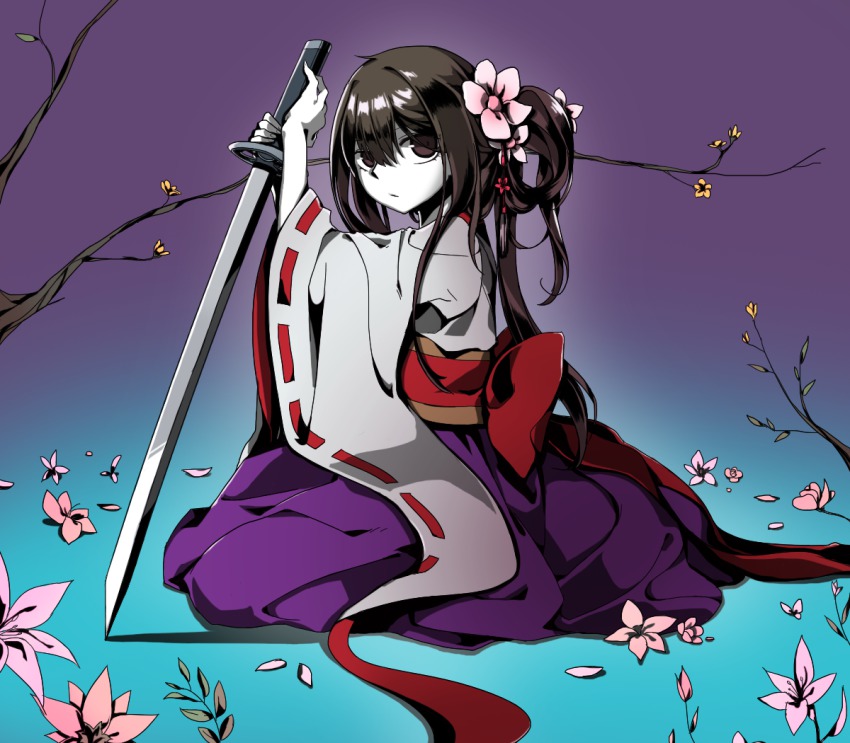 1girl, alice_(deemo), brown_hair, deemo, expressionless, female_focus, flower, hakama, hakama_skirt, hand_on_hilt, islet_(duehdvh), japanese_clothes, katana, looking_at_viewer, pale_skin, petals, saika_(deemo), seiza, sitting, skirt, solo, sword, weapon, wide_sleeves
