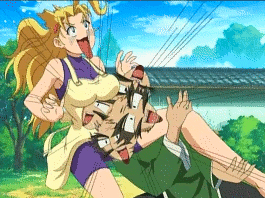 00s, 10s, 1boy, 1girl, :d, afterimage, ahoge, animated, animated_gif, anime_screenshot, apron, bald, bare_shoulders, black_hair, bodysuit, bouncing_breasts, breast_rest, breasts, breasts_on_head, building, cloud, day, emphasis_lines, facial_hair, floating_hair, from_side, furinji_miu, fuurinji_miu, goatee, hair_ornament, hairclip, halterneck, large_breasts, leg_grab, legs_apart, long_hair, long_sleeves, lowres, ma_kensei, non-web_source, open_mouth, outdoors, shijou_saikyou_no_deshi_ken'ichi, sky, smile, thick_eyebrows, tree, turtleneck, unitard, upper_body, very_long_hair, what, wide-eyed