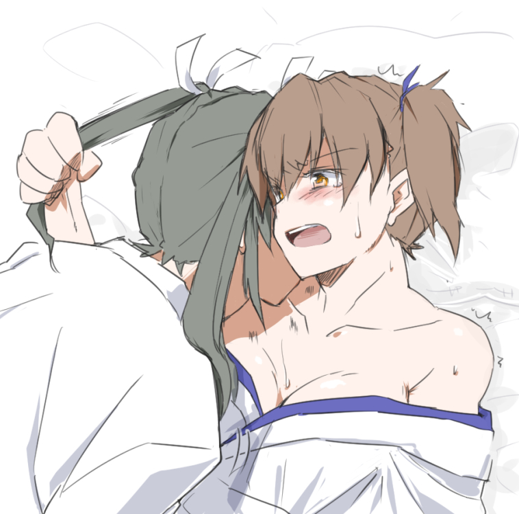 10s, 2girls, bad_id, bad_pixiv_id, blush, brown_hair, collarbone, female_focus, gmgt_(gggggg3), grabbing_another's_hair, hair_ribbon, holding_another's_hair, japanese_clothes, kaga_(kancolle), kantai_collection, long_hair, multiple_girls, open_mouth, ribbon, side_ponytail, sweat, twintails, yuri, zuikaku_(kancolle)