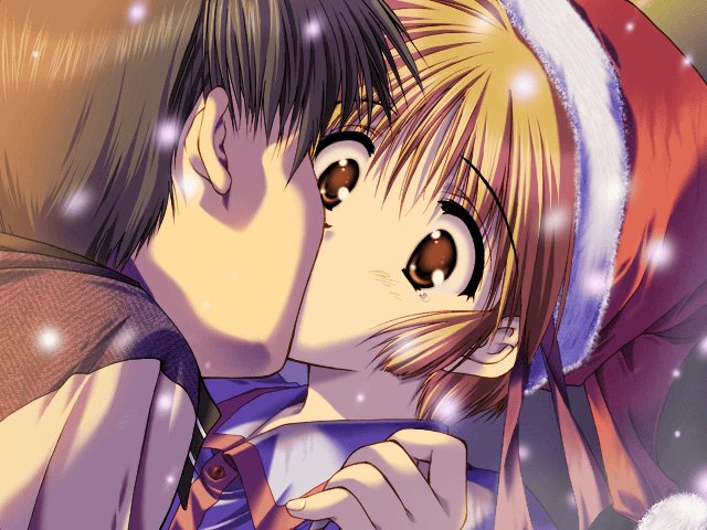 00s, 1boy, 1girl, comic_party, game_cg, hat, hetero, kiss