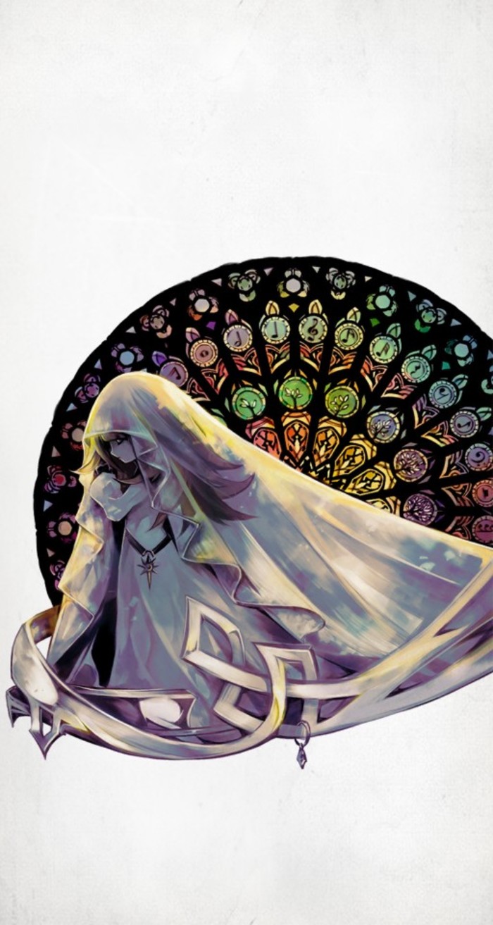 1girl, alice_(deemo), brown_hair, closed_eyes, deemo, female_focus, highres, multifoil, musical_note, official_art, platinum_(deemo), praying, profile, solo, stained_glass, standing, trefoil_(symbol), veil