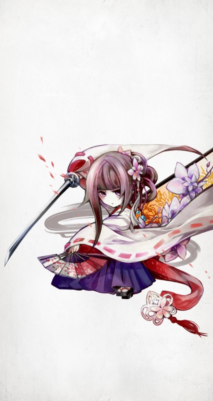 1girl, alice_(deemo), brown_hair, deemo, female_focus, hakama, hakama_skirt, hand_fan, highres, japanese_clothes, katana, looking_at_viewer, official_art, pale_skin, saika_(deemo), serious, skirt, solo, sword, weapon