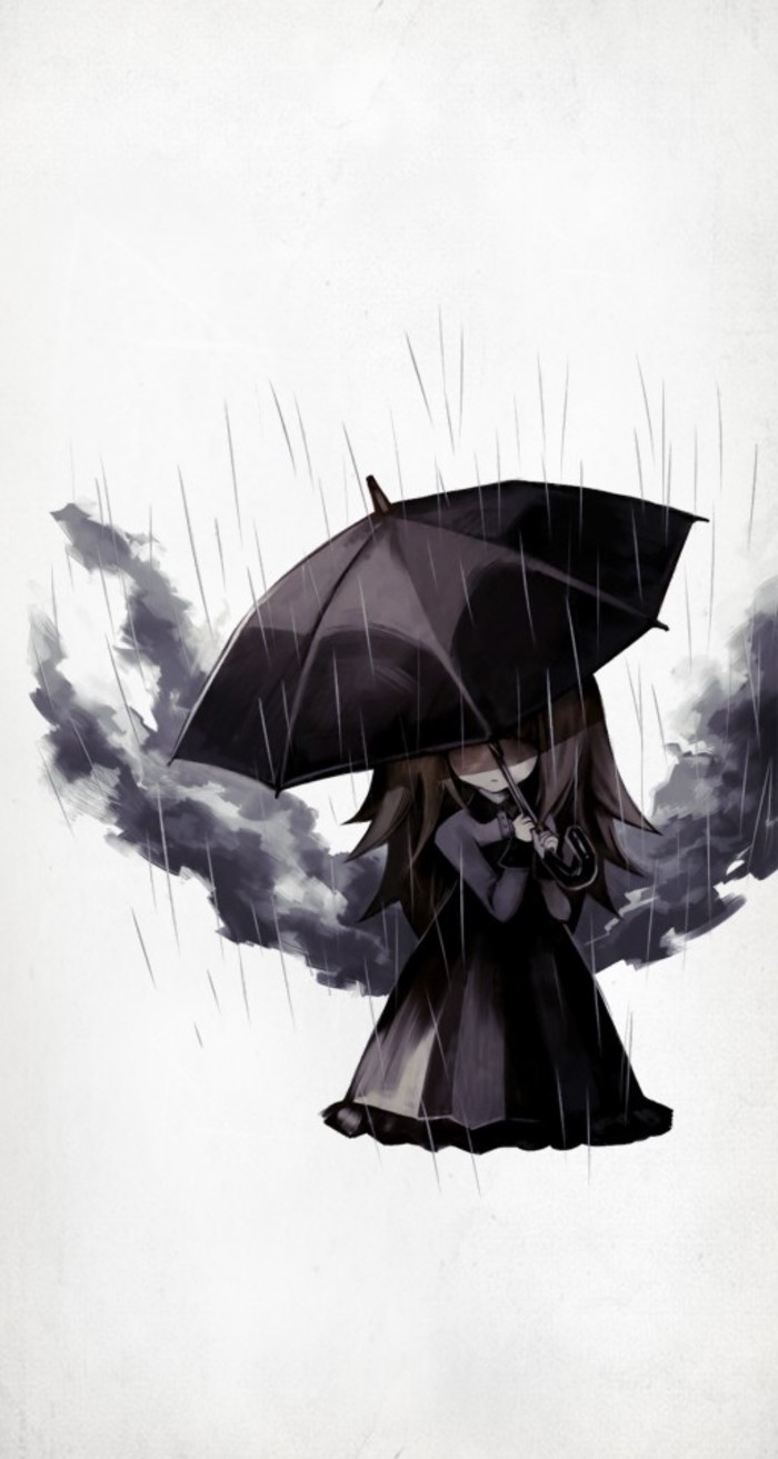 1girl, alice_(deemo), black_skirt, covering_face, deemo, female_focus, highres, i_hate_to_tell_you_(deemo), official_art, rain, skirt, solo, umbrella