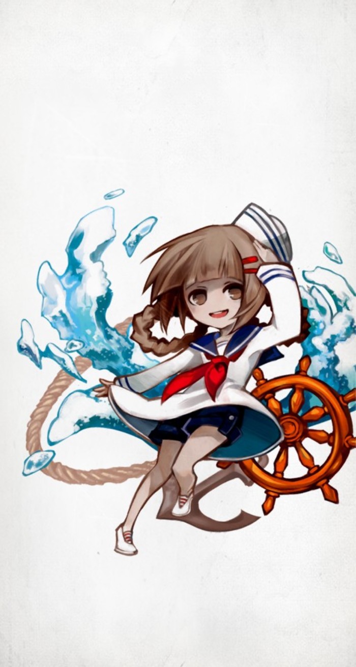 1girl, alice_(deemo), braid, brown_hair, deemo, female_focus, full_body, highres, invite_(deemo), official_art, sailor, salute, shorts, smile, solo, twin_braids
