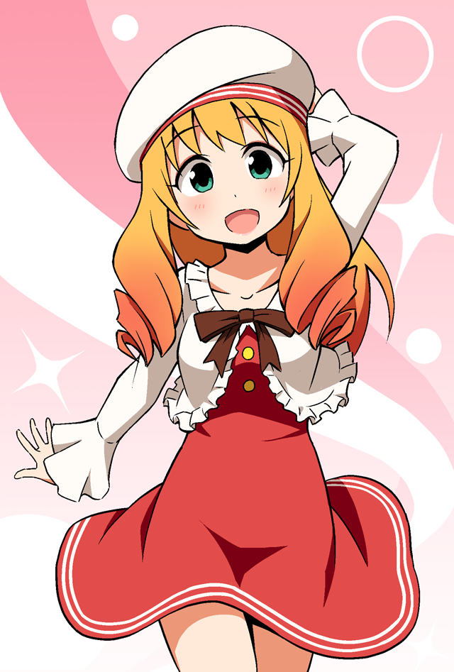 1girl, :d, anbe_masahiro, aqua_eyes, arm_up, beret, blonde_hair, blouse, blush, bow, breasts, brown_ribbon, buttons, cowboy_shot, dress, drill_hair, female_focus, frills, girls_mode, girls_mode_3:_sparkling_coord, gradient_background, gradient_hair, green_eyes, hand_on_head, hand_on_headwear, hat, long_hair, long_sleeves, looking_at_viewer, multicolored_hair, nono_(girls_mode_3), open_mouth, orange_hair, pink_background, ribbon, shirt, short_dress, sidelocks, small_breasts, smile, solo, sophie_(style_savvy), standing, twin_drills