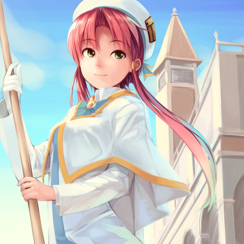 00s, 1girl, aria_(manga), bad_id, bad_pixiv_id, blue_bow, bow, building, capelet, day, female_focus, gloves, hair_tubes, high_collar, highres, holding, light_smile, long_hair, long_sleeves, mizunashi_akari, oar, parted_bangs, pink_hair, shadow_striker, short_hair_with_long_locks, sidelocks, single_glove, sky, solo, white_gloves