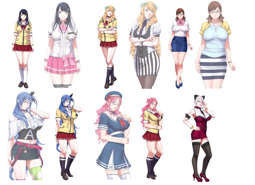 6+girls, black_hair, blue_eyes, breasts, brown_hair, daiunji_eru, dress, empress_(studio)