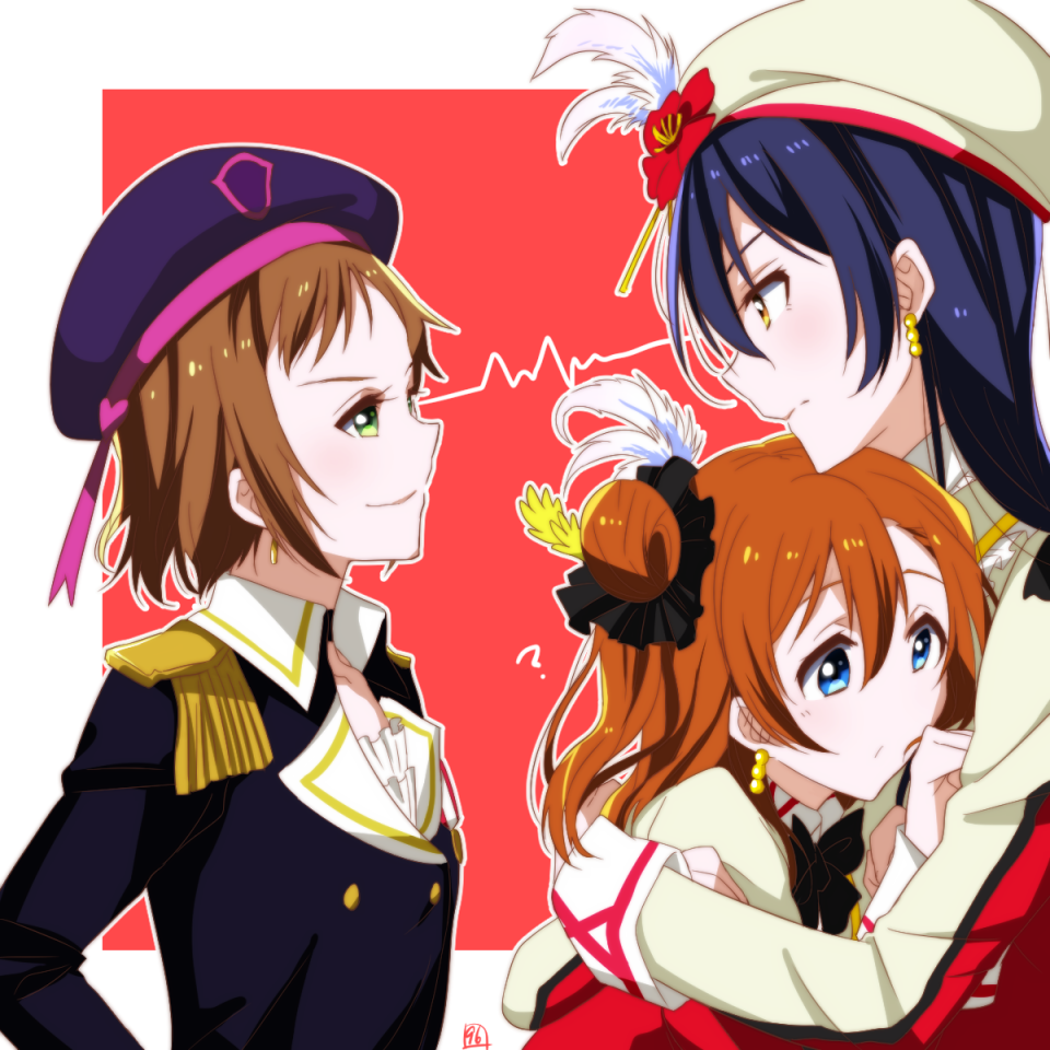 10s, 3girls, ?, a-rise, beret, blue_eyes, blue_hair, brown_eyes