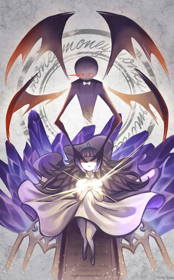 10s, 1girl, 2014, brown_hair, covering_own_eyes, dated, deemo, deemo_(character), dress, entrance_(deemo), alice_(deemo), glowing, glowing_eyes, greek_text, long_hair, magnolia_(deemo), songover, tears, tombstone, very_long_hair