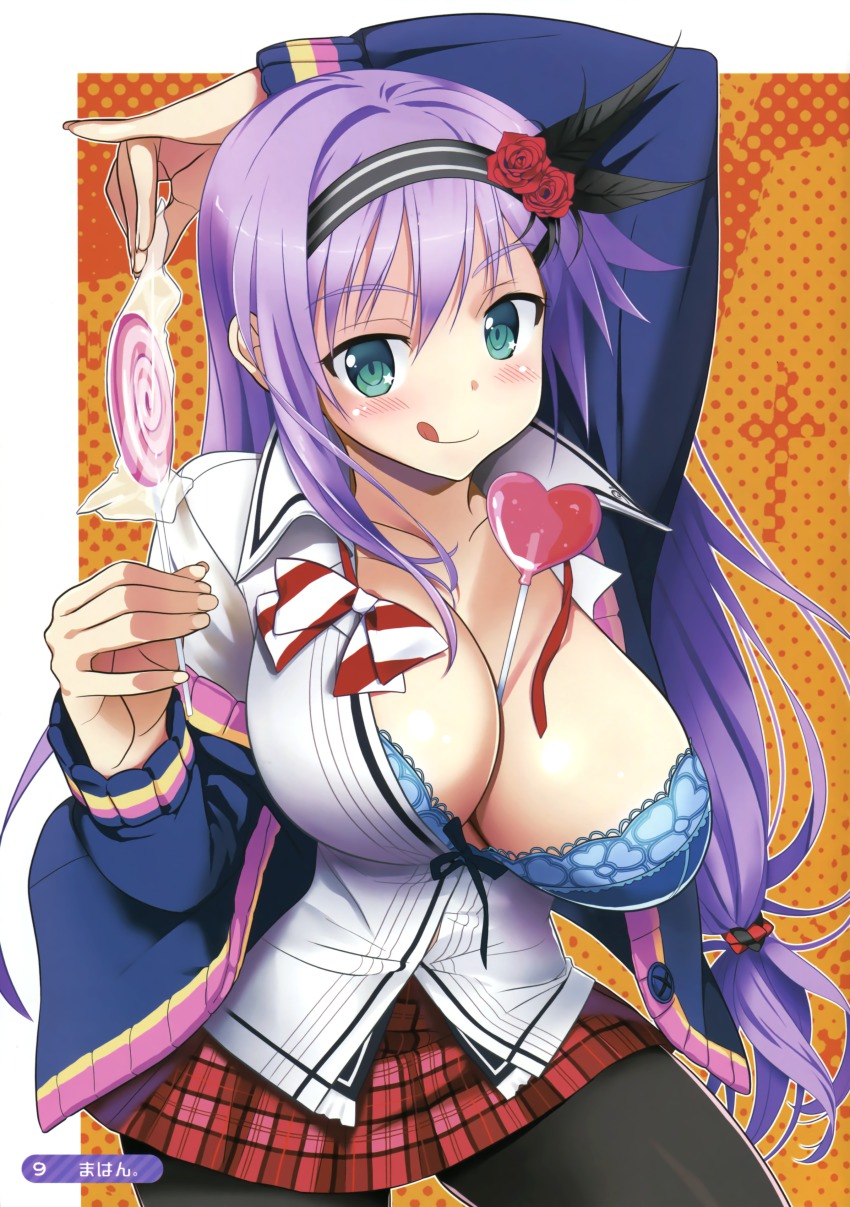 1girl, :q, absurdres, arm_up, artist_name, between_breasts, black_pantyhose, blue_bra