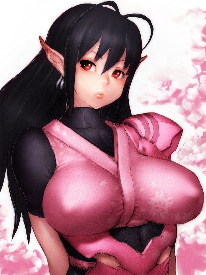 1girl, antenna_hair, arms_behind_back, black_hair, breasts, earrings, female_focus, fumio_(rsqkr), japanese_clothes, jewelry, katori_(pso2), large_breasts, lips, long_hair, mole, mole_under_eye, phantasy_star, phantasy_star_online_2, pointy_ears, red_eyes, short_sleeves, solo