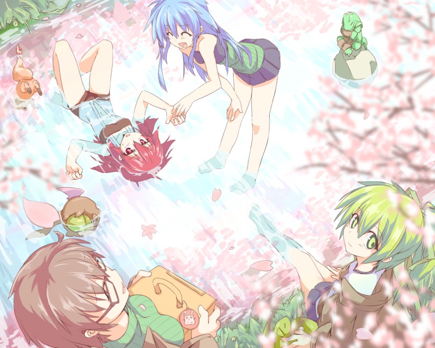 4girls, akasaka_koutarou, archfiend_marmot_of_nefariousness, aussa_(yu-gi-oh!), aussa_the_earth_charmer, bare_legs, bare_shoulders, barefoot