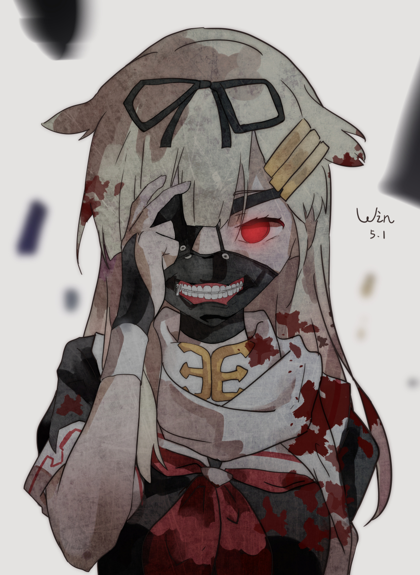 10s, 1girl, absurdres, artist_name, black_gloves, black_serafuku, blonde_hair, blood