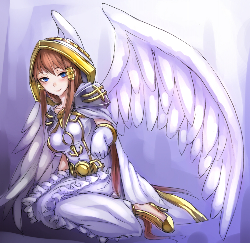1girl, angel_wings, blue_eyes, blush, breasts, brown_hair, duel_monster, female_focus, hair_ornament, large_breasts, long_hair, looking_at_viewer, minerva_lightsworn_maiden, minerva_lightsworn_saint, minerva_the_exalted_lightsworn, sitting, solo, sukumo_(kemutai), wings, yu-gi-oh!